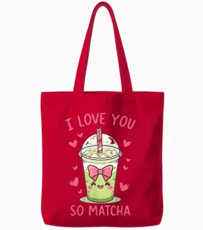 I Love You So Matcha Cute Kawaii Green Tea Pun Tote Bags - Red