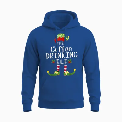 Coffee Drinking Christmas Elf Matching Pajama X-Mas Party Unisex Hoodie - Royal