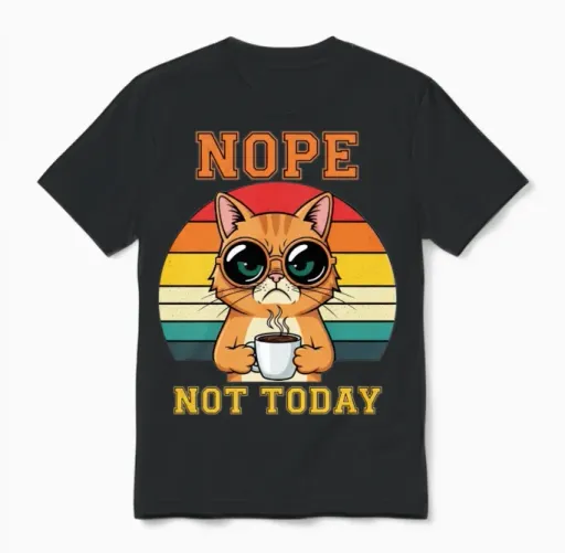 Funny Grumpy Cat Nope Not Today Retro 80s Coffee Unisex T-Shirt in Black