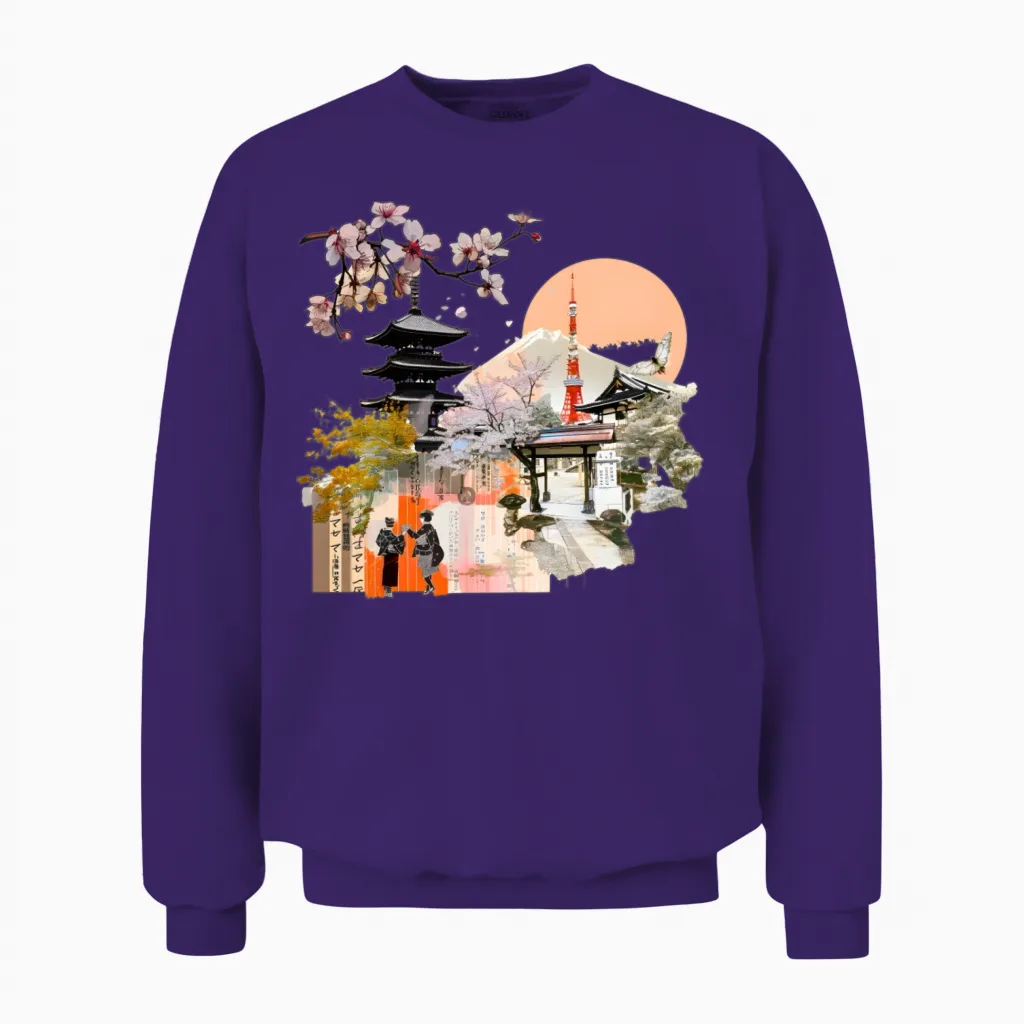 Kyoto Elegance: a Timeless Collage of Culture Unisex Sweatshirt in Purple
