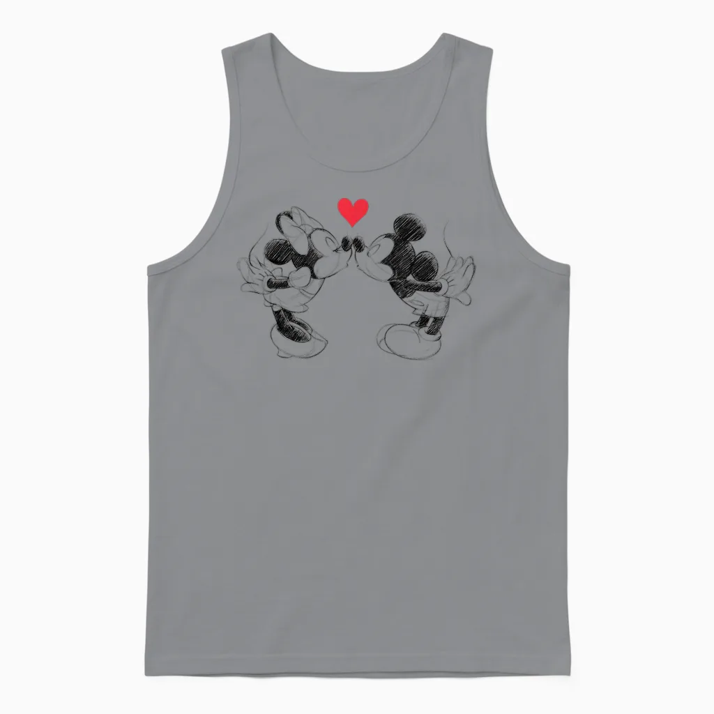 Disney Mickey Mouse and Minnie Sketch Kiss Valentine's Day T-Shirt, White Unisex Tank Top in Sport Grey