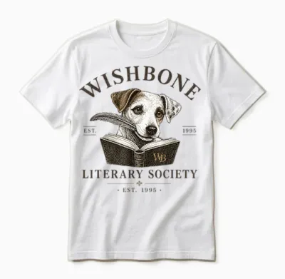 Wishbone Literary Society Vintage Book Lover Dog Design Unisex T-Shirt - White