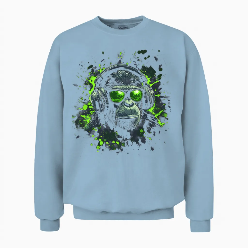 Dj Cool Pop Art Print Techno Festival Outfit Boys Monkeys Long Sleeve Shirt, Black, S Unisex Sweatshirt in Light Blue