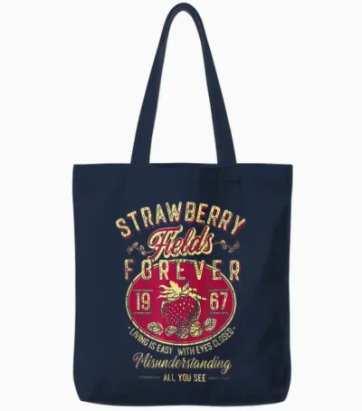 Is Easy with Eyes Closed Misunderstanding Strawberry Fields Forever Living, Retro Band T-Shirt, Small, Black Tote Bags - Navy