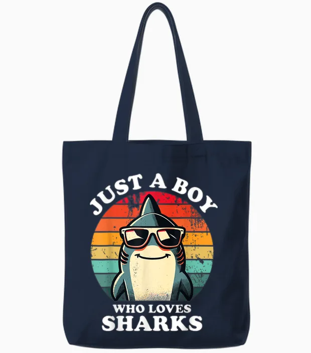 Just a Boy Who Loves Sharks a Shark Lover Fun and Retro Tote Bags in Navy