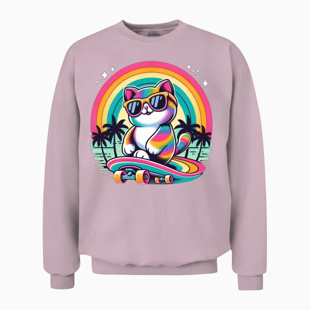 Retro Skateboard Cat Lovers Unisex Sweatshirt in Light Pink