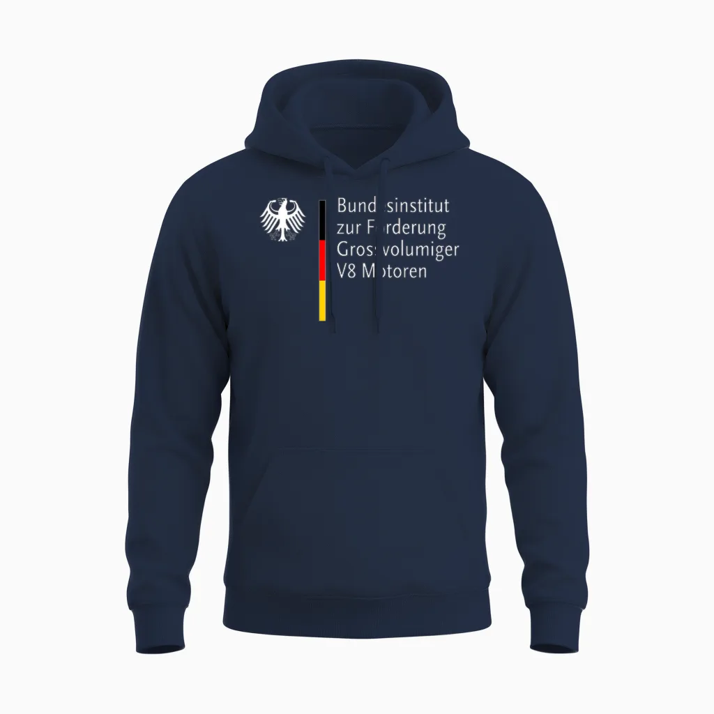 German Federal Institute for the Promotion of Large Volume V8 Engines T-Shirt, Black Unisex Hoodie in Navy