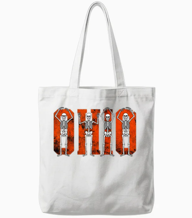 O-H-I-O State Funny Skeletons Ohio Vintage Halloween Team Tote Bags in White
