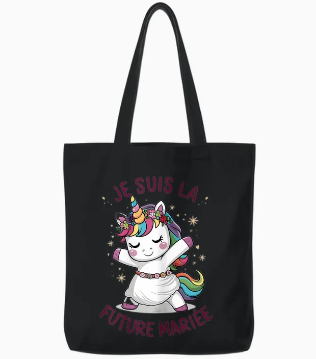 Je Suis La Future Bride Wedding Woman Unicorn T-Shirt, White Tote Bags in Black