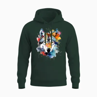 Wolfskopf Aquarell T-Shirt Damen Schwarz Small Eu 38 V-Ausschnitt Kurzarm Klassische Passform Baumwolle 50% Polyester 50% Tierdruck Wildnis Einzigartiges Wolf-Design 1 Count Unisex Hoodie - Forest