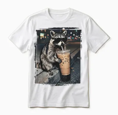 Raccoon Drinking Iced Coffee Funny Animal Meme Men Women Unisex T-Shirt - White