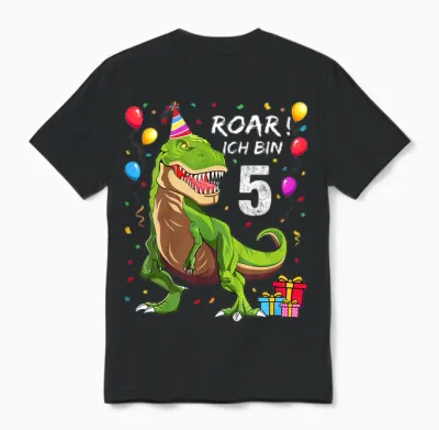 Children's Birthday Shirt 5 Years Boy Dinosaur Dino I Am 5 T-Shirt, Black Unisex T-Shirt - Black