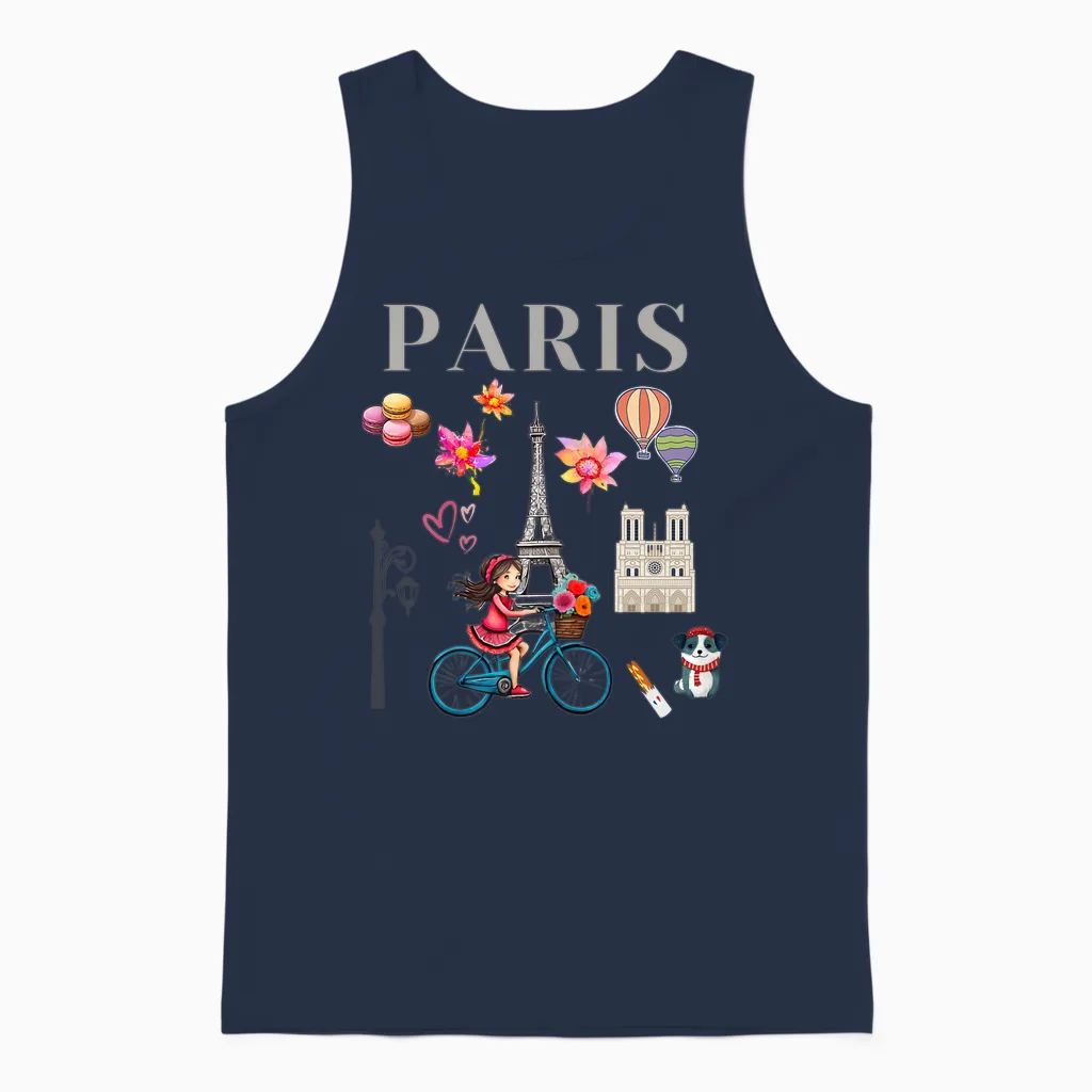 Pretty Girl on a Bike in Paris, Eiffel Tower, French Souvenir T-Shirt, Black, Female X-Small Unisex Tank Top in Navy