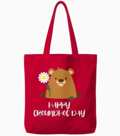 Woodchuck with Flower Happy Groundhog Day Tote Bags - Red