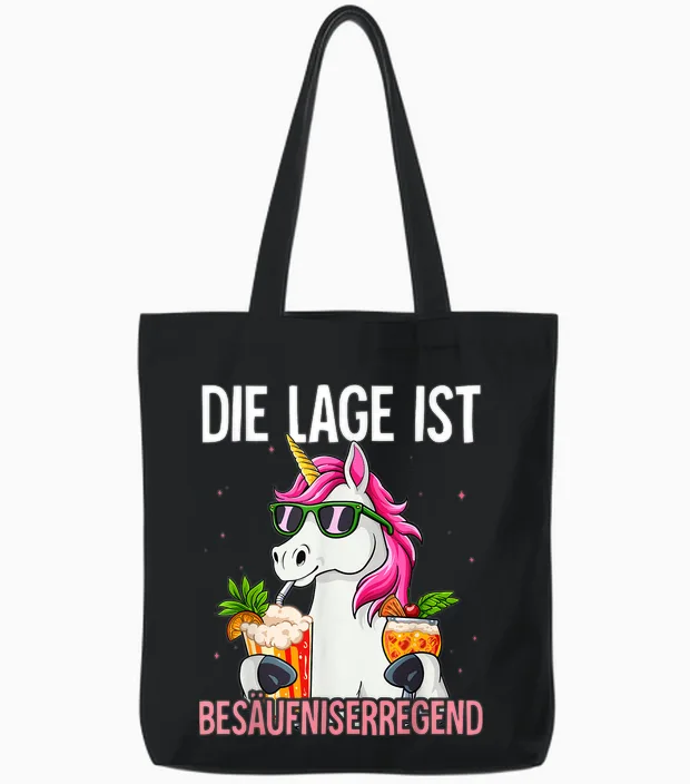 T-Shirt with German Text "die Lage Ist Besäufniserregend, Black Tote Bags in Black