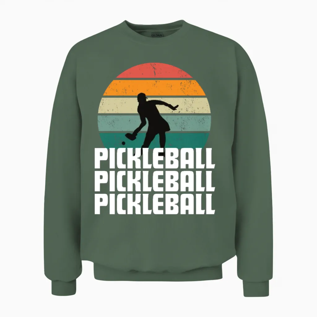 Pickleball Sunset Retro Womens Unisex Sweatshirt in Military Green