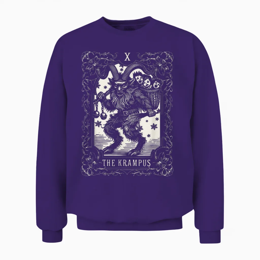 Krampus Tarot Card Design Christmas Season Evil Pajama Xmas Unisex Sweatshirt in Purple