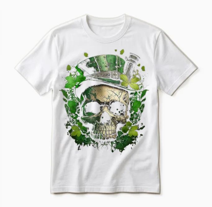 Irish Dark Luck St Patricks Day Skull Unisex T-Shirt in White