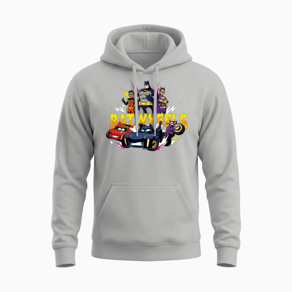 Batwheels Logo with Super Heroes and Their Cars Unisex Hoodie in Ash