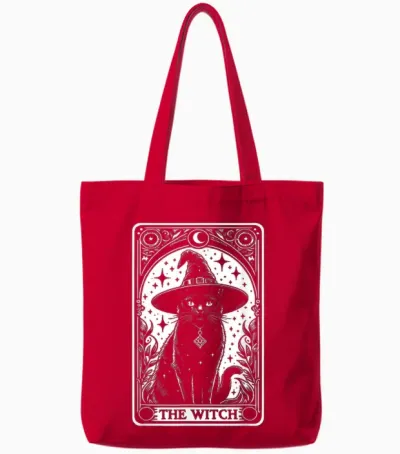 The Witch Cat Halloween Vintage Gothic Tarot Card T-Shirt, Black Tote Bags - Red