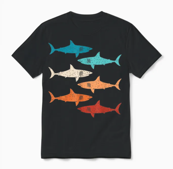 Retro Haifisch Hai Unterwasserlebewesen Ozean Damen Herren Unisex T-Shirt in Black