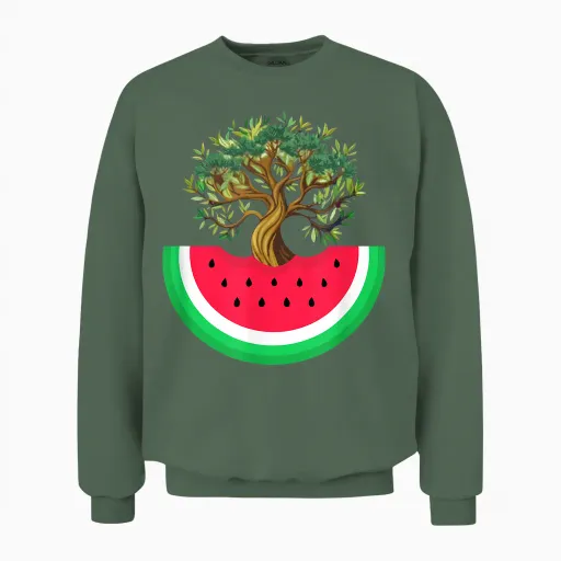Palestine Watermelon Palestinian Olive Freedom for Palestine T-Shirt, Blue, S Unisex Sweatshirt in Military Green