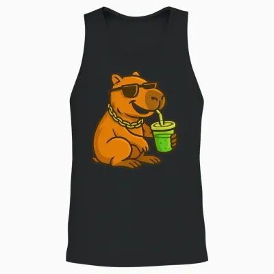 Cool Capybara Drinking Juice Cartoon Unisex Tank Top - Black