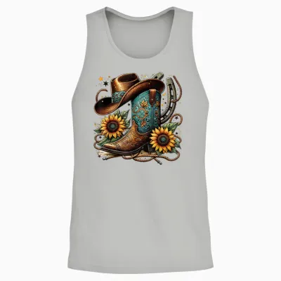 Sunflower Rope Western Cowboy Boots T-Shirt, Black, S Unisex Tank Top - Ash