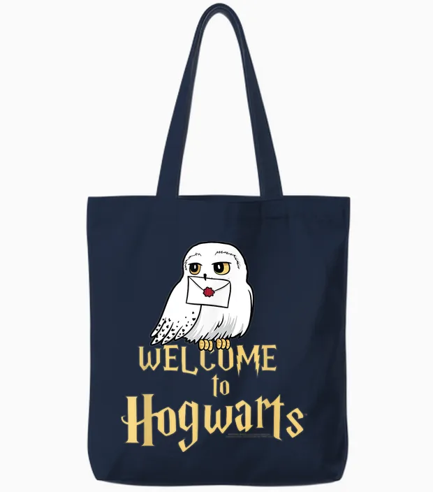 Harry Potter Hedwig Welcome to Hogwarts T-Shirt, Black Tote Bags in Navy