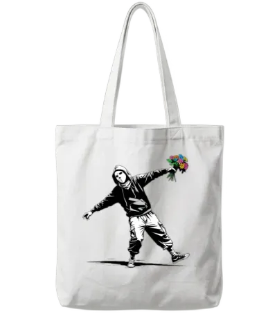 Banksy Protester Throwing Flowers Tote Bags - White