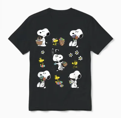 Peanuts Snoopy Woodstock Easter Spring Pattern T-Shirt, Gray Unisex T-Shirt - Black