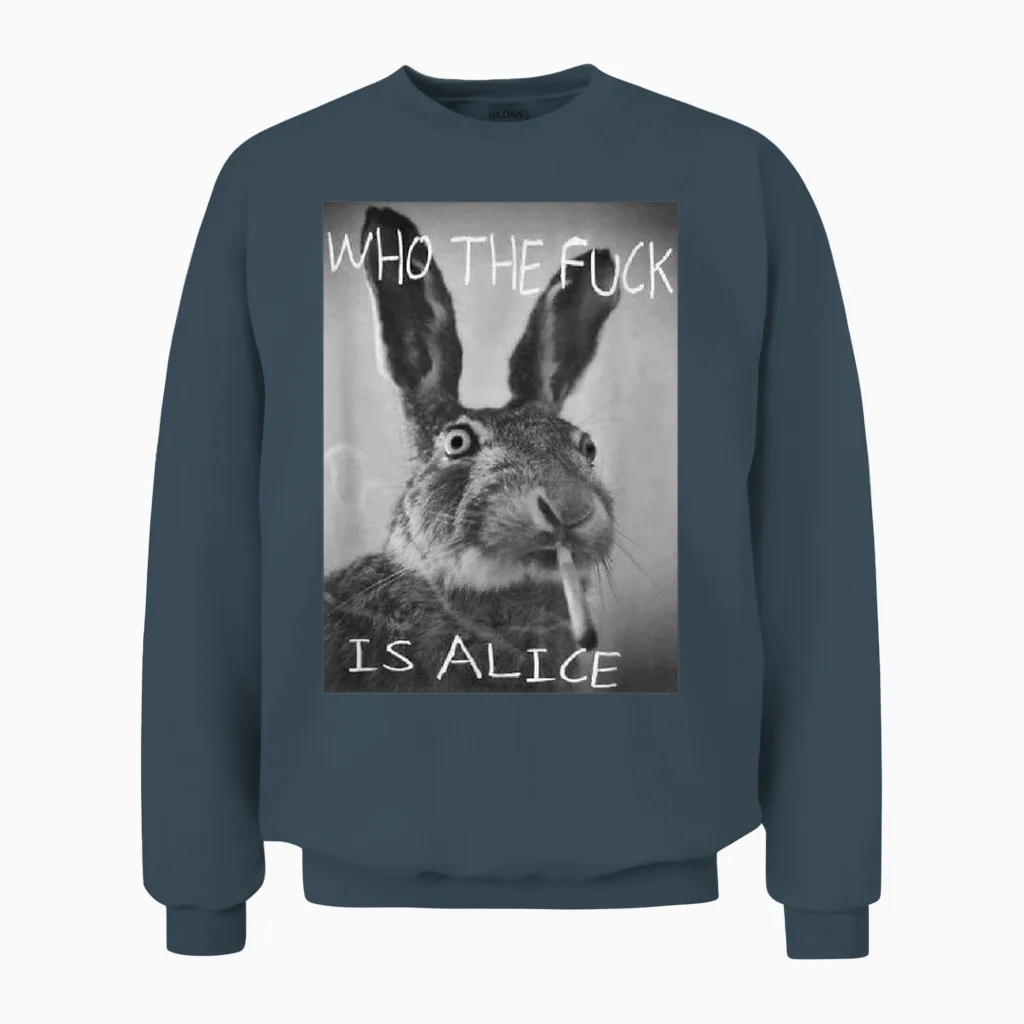 #snirt - Funny Hoodie with Rabbit on T-Shirt Who Is Alice? Unisex Sweatshirt in Dark Heather