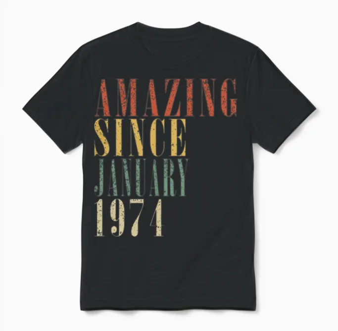 January 1974 Vintage Birthday Present Unisex T-Shirt in Black