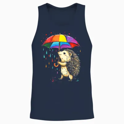 Cute Hedgehog Pattern Rainbow Umbrella T-Shirt, Black, S Unisex Tank Top - Navy