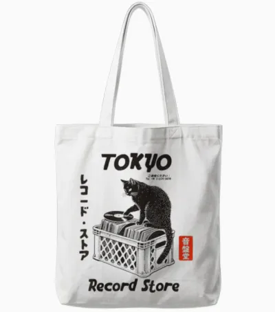Tokyo Record Store Cat, Musique Vinyle Japonaise Anime Tote Bags - White