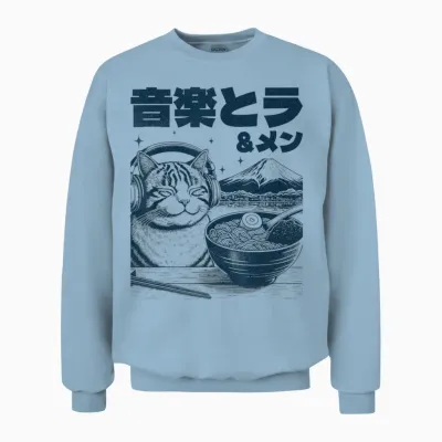 Music & Ramen Cat Neko Japan Ramen Noodle Cat T-Shirt, Gray, S Unisex Sweatshirt - Light Blue