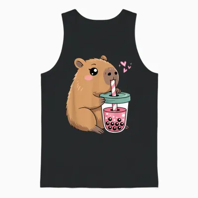 Cute Capybara Kawaii Anime Capybara Drinking Bubble Tea Love Unisex Tank Top - Black