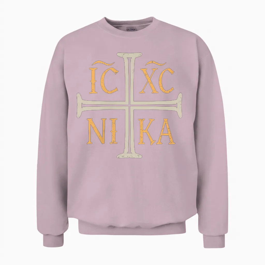 Ic Xc Nika Jesus Christ Conqueror Orthodox Christian Unisex Sweatshirt in Light Pink