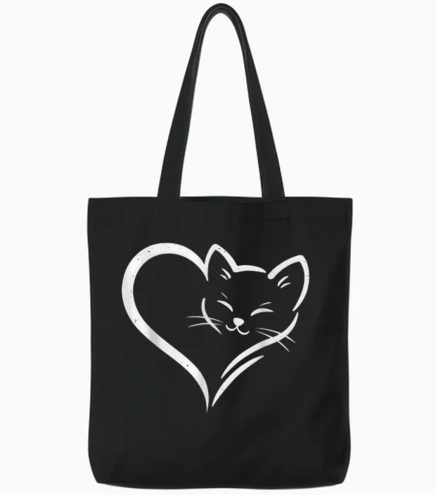 Cute Cat Heart - Cute Heart Cat Mom Women Girls Tote Bags in Black