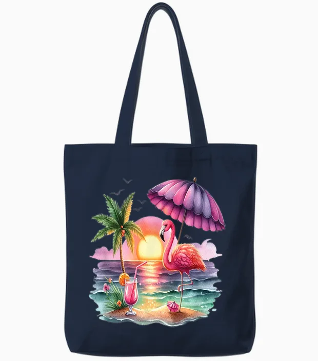 Flamingo Rosa Urlaub Tropischer Strand Sommer Frauen Badesee Tote Bags in Navy