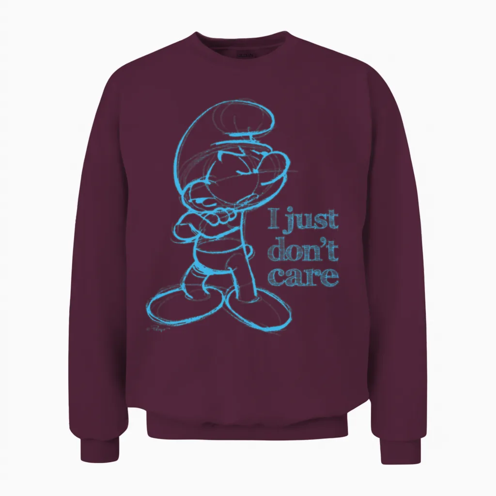 Smurfs Design with Quote I Just Don’t Care Unisex Sweatshirt in Maroon