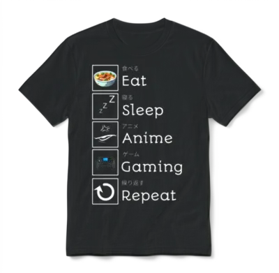 Eat, Sleep, Anime, Gaming, Repeat Unisex T-Shirt - Black