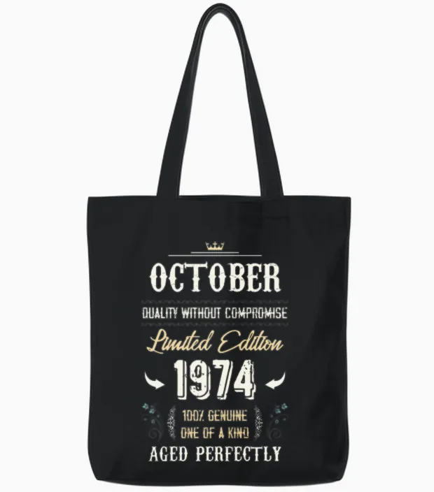 October 1974 Vintage Birthday Present Tote Bags in Black