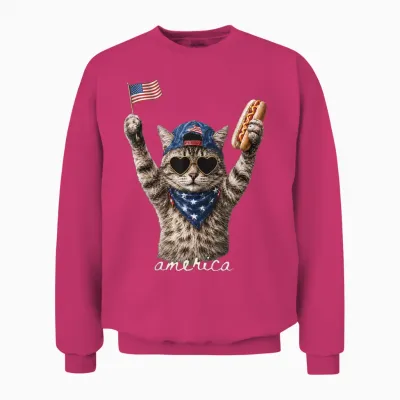 Retro Funny America Cat Hot Dog Lovers Patriotic Us Unisex Sweatshirt - Heliconia