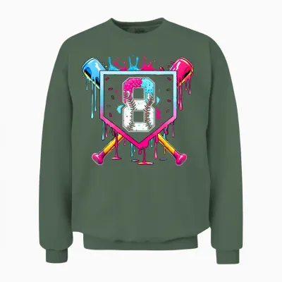 8th Birthday Boys Baseball Ice Cream Drip Boys Baseball Unisex Sweatshirt - Military Green