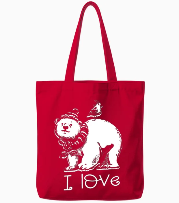 I Love Polar Bear Ice Bear Antartica Arctic Tote Bags in Red