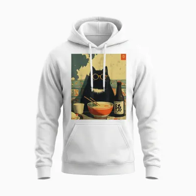 Japanese Cat Vintage Ramen Cat Dad Retro Funny Graphic Unisex Hoodie - White