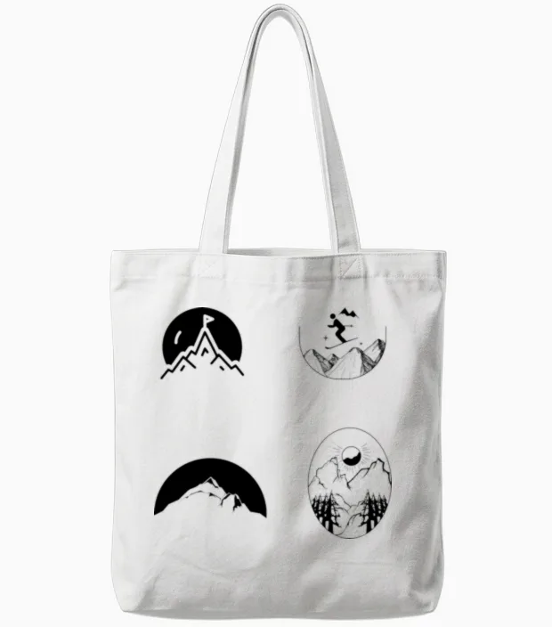 Ski and Hiking Mountain Sketch Tote Bags in White