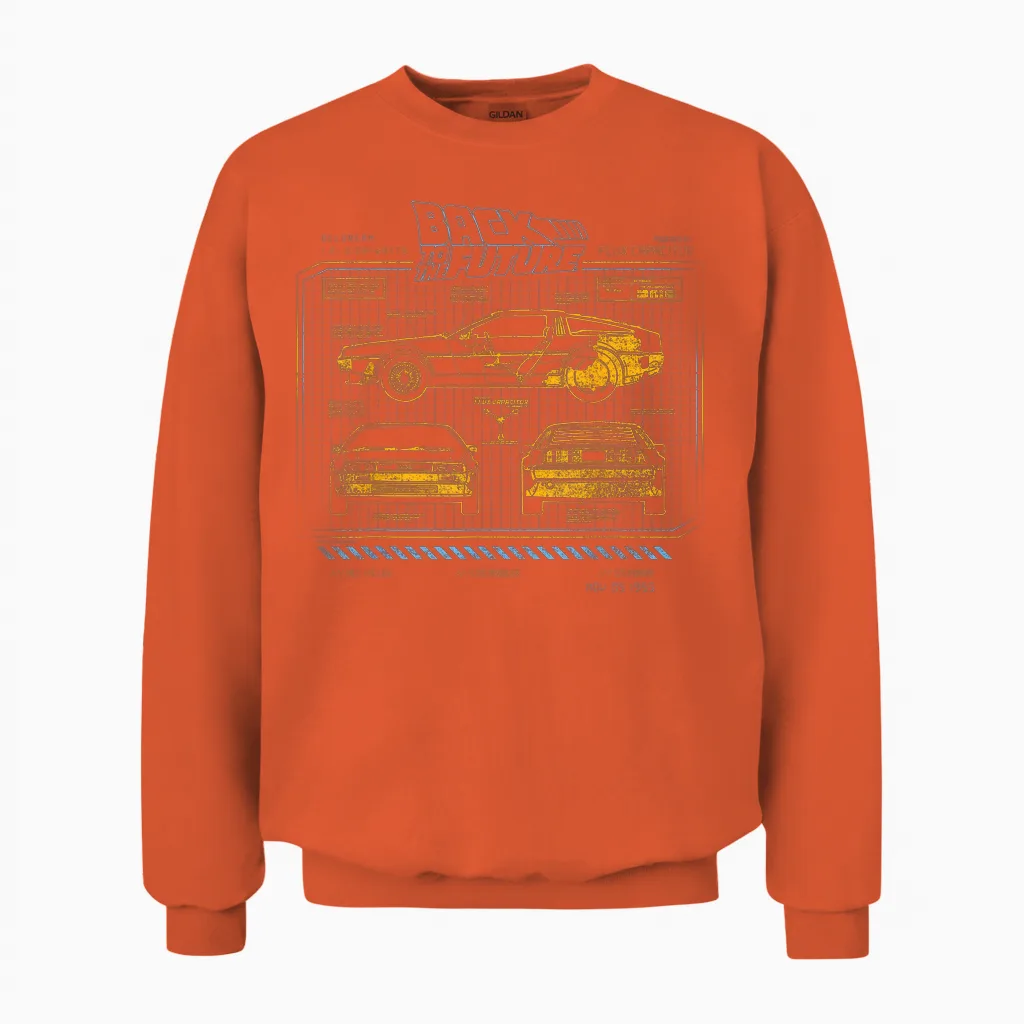 Delorean Schemes for the 35th Anniversary of Back to the Future Unisex Sweatshirt in Orange