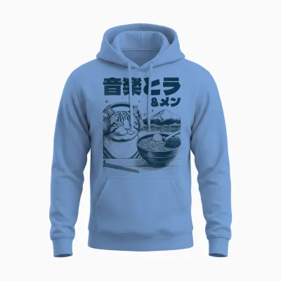 Music & Ramen Cat Neko Japan Ramen Noodle Cat T-Shirt, Gray, S Unisex Hoodie - Carolina Blue